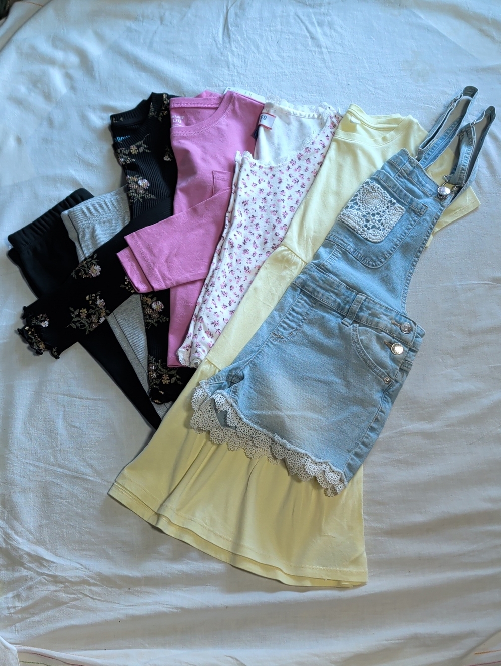 Bundle Light Wash Denim Overalls, Yellow Dress, Leggings & Tops Sz 14